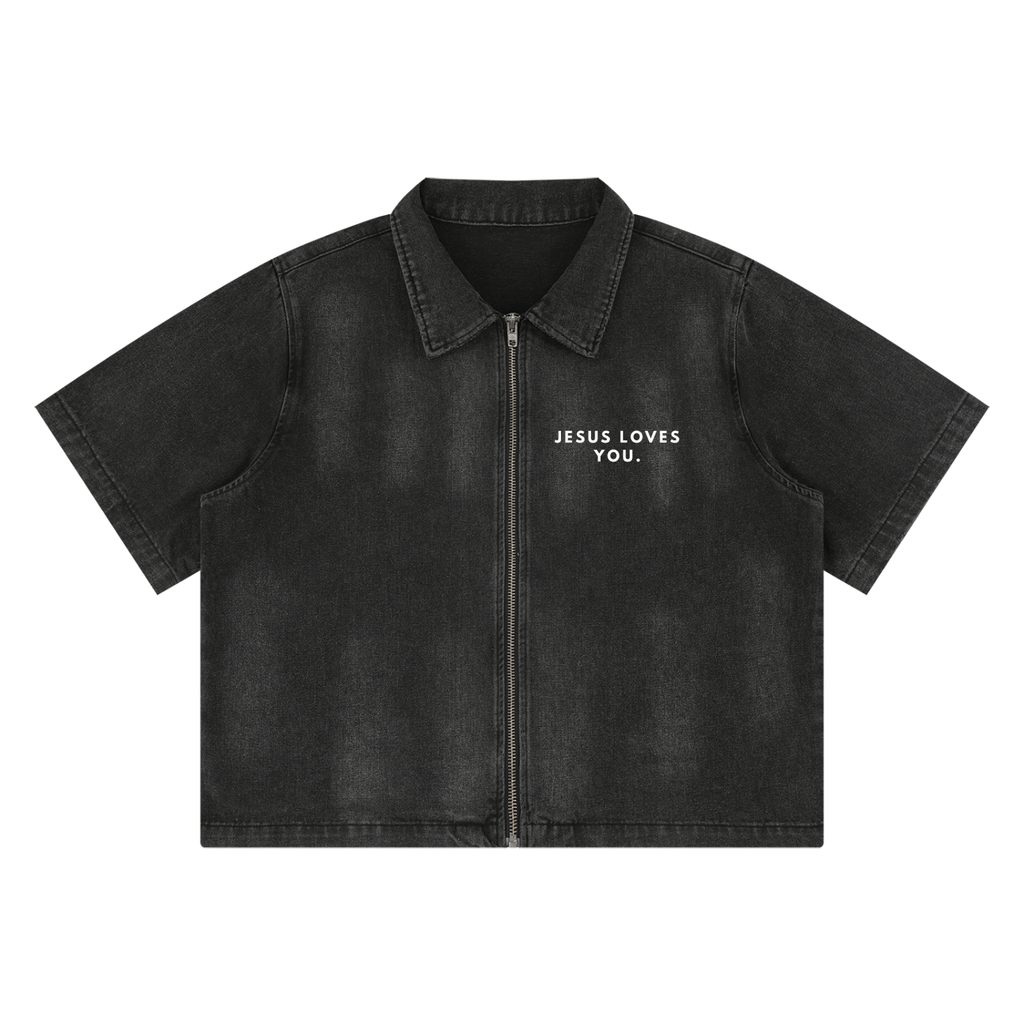 Jesus Loves You Vintage Washed Full-Zip Denim Shirt