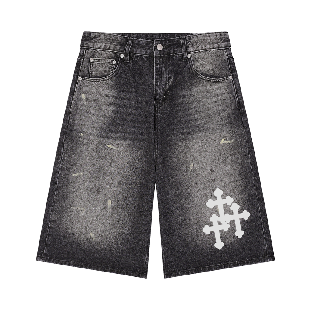 Black Vintage Wash Wide Leg Denim Shorts