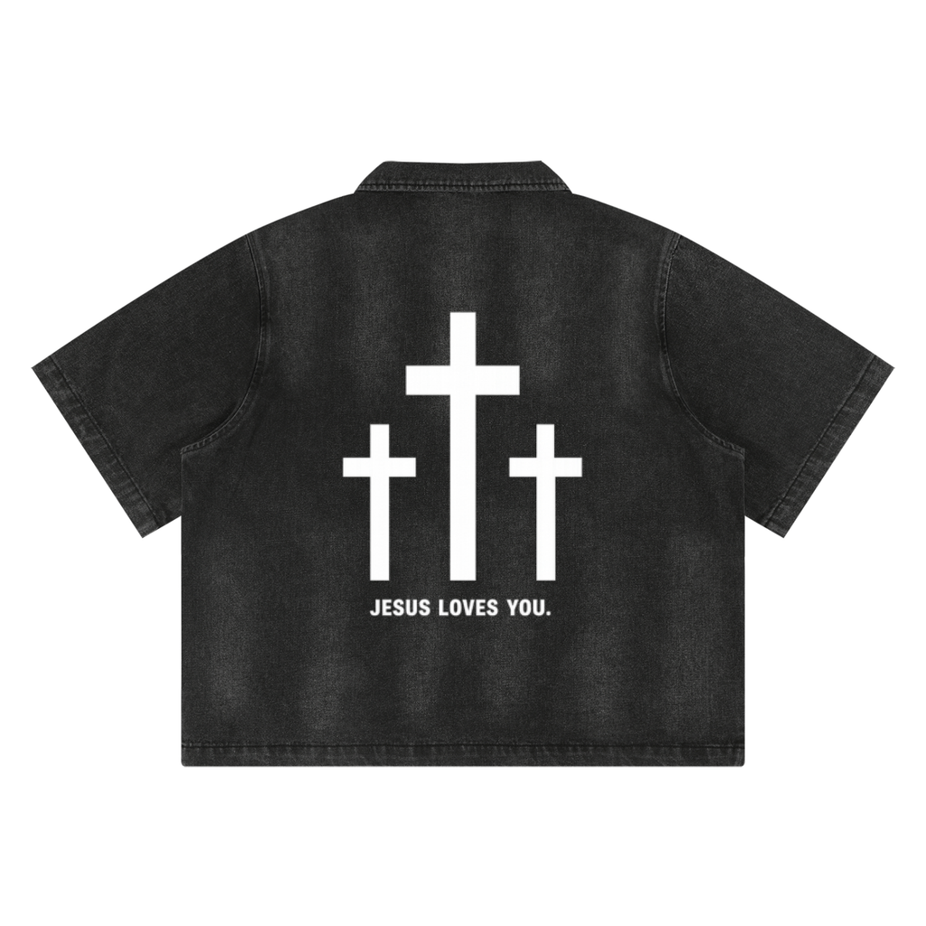 Jesus Loves You Vintage Washed Full-Zip Denim Shirt